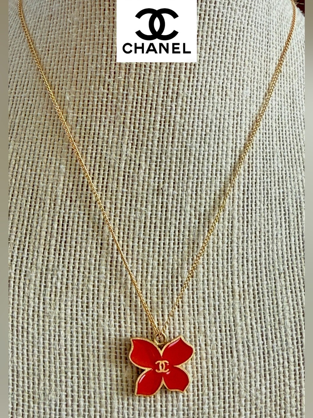 CHANEL CC Motif Red Camellia Necklace